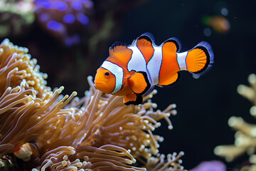 Fototapeta na wymiar Orange clownfish swimming in deep ocean or fish tank. Colorful bright small cute anemonefish, sea life