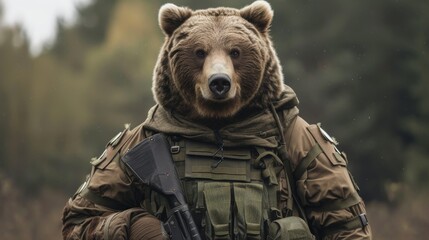 A conceptual portrayal of a bear equipped with a modern camouflage tactical vest, merging wildlife with military imagery.