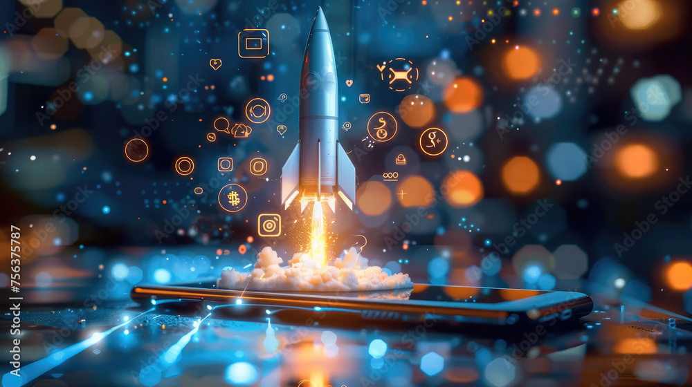 Poster social media symbols fly everywhere as a rocket shoots from a smartphone. generative ai.