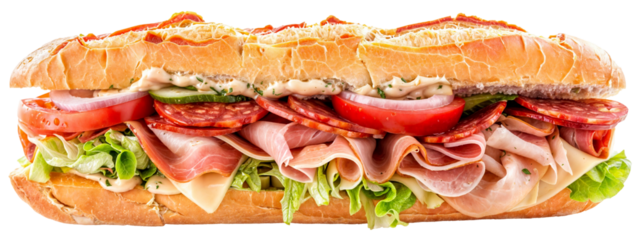 Italian sub sandwich with salami, pepperoni, ham, provolone cheese, lettuce, tomato, onion, and Italian dressing on a baguette, isolated on a transparent background