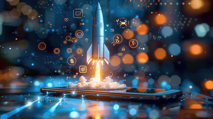 Social media symbols fly everywhere as a rocket shoots from a smartphone. Generative AI. - obrazy, fototapety, plakaty