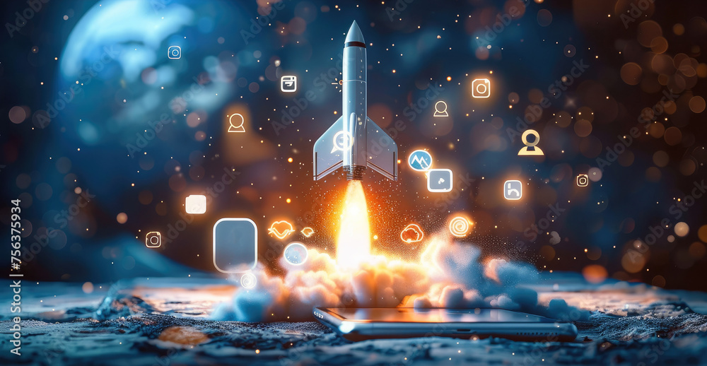 Poster social media symbols fly everywhere as a rocket shoots from a smartphone. generative ai.