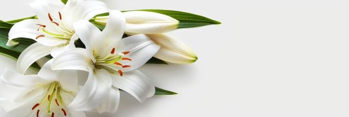 Funeral lily on white with room for text, suitable for memorial or remembrance designs - obrazy, fototapety, plakaty