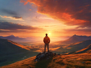 happy man watching amazing highland evening sunset, person delight with nature landscape - obrazy, fototapety, plakaty