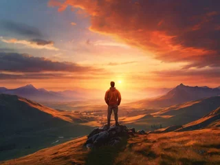 Foto op Canvas happy man watching amazing highland evening sunset, person delight with nature landscape © SyedMuhammad