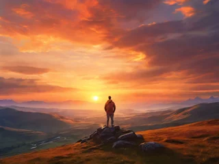 Papier Peint photo Orange happy man watching amazing highland evening sunset, person delight with nature landscape