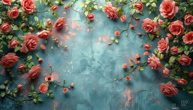 pink roses against a blue wall with copy space