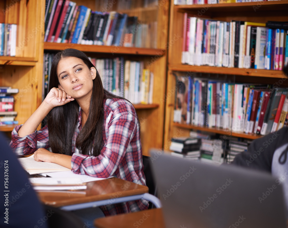 Poster University student, thinking or studying in library for test or scholarship on campus for class assignment. Young, woman and happy for education learning and books for exam preparation by desk