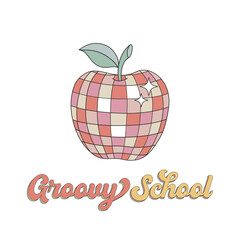 Groovy hand drawn apple in the form of sparkling disco ball prom school graduation bal vector illustration isolated on white. Line art back to school education print poster postcard design. © AngellozOlga