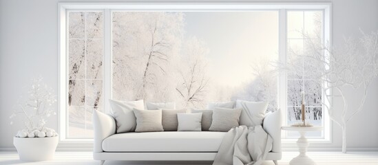 Stylish white room with sofa and snowy view in window. Scandinavian style decor.