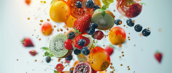 abstract water fruits flying, background with healthy food art