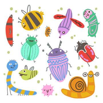 Funny colorful cartoon insects, cute crawling bug characters isolated set on white.