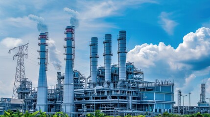Obraz premium Modern gas power plant petroleum building overlay blue sky clouds for clean air