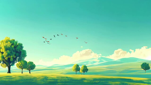Summer landscape with trees and birds in the sky. Vector illustration.