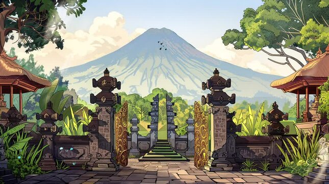 Temple Gate Against Majestic Mountain Backdrop Seamless looping 4k time-lapse virtual video animation background. Generated AI