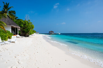 Tropical structure with a thatched roof on a beautiful sandy beach. Dense green forest with palm trees.