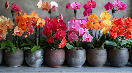 An elegant display of potted orchids, their vibrant blooms adding a pop of color to the clean white background behind them.