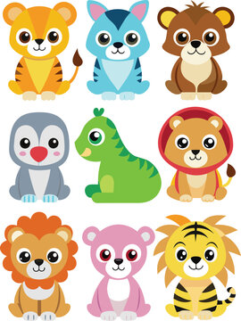 set of animal stickers vector illustration, vector set of forest cartoon animals,  