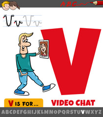 letter V from alphabet with cartoon illustration of video chat