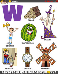 Letter W set with cartoon objects and characters