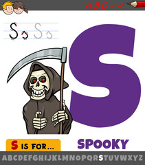 letter S worksheet with cartoon spooky character