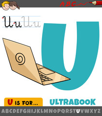 letter U from alphabet with cartoon ultrabook laptop