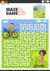 maze activity with cartoon boy on a bike girl on a scooter
