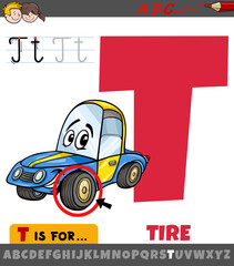 letter T from alphabet with cartoon tire object