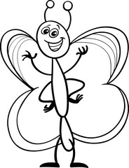 happy cartoon butterfly insect animal character coloring page