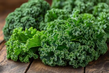 Kale leaves Green Fresh Organic on wooden background, close up. Vegetable, raw kale salad for healthy vegetarian salad.