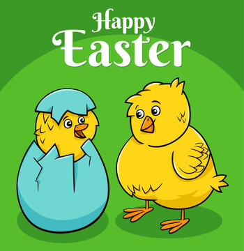 cartoon Easter chick hatching from egg greeting card