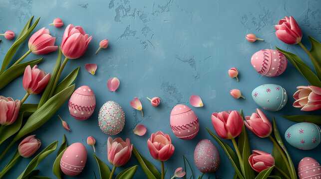background with tulips and Easter eggs