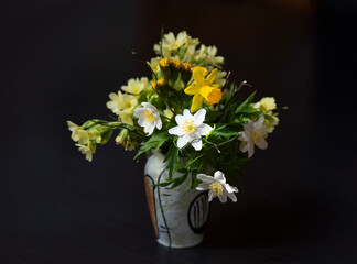 Fototapeta na wymiar Bouquet of Cowslip, Wood Anemone, Daffodils flowers in a decorative, mini vase