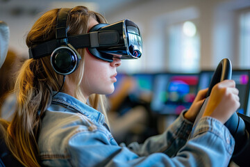 A young woman in virtual reality glasses learns driving in a driving school.