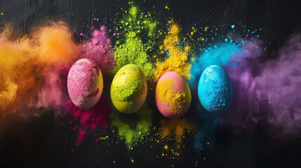 Obraz na płótnie Canvas Colorful Easter Eggs Exploding in Colorful holi powder blowing up. Vibrantly colored Easter eggs burst in a dazzling explosion of colors and glitter, creating a festive and joyful holiday atmosphere.
