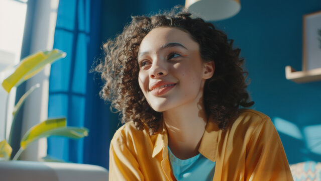 Youthful girl with curly hair smiling dreamily in a sunny, colorful room.