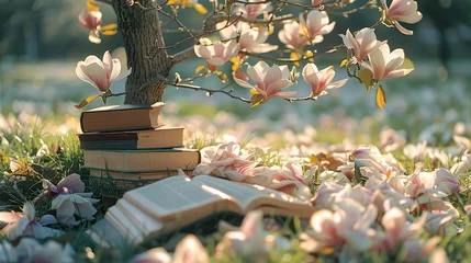 Schilderijen op glas Beautiful magnolia tree on the grass with some books scattered. Generative AI. © visoot