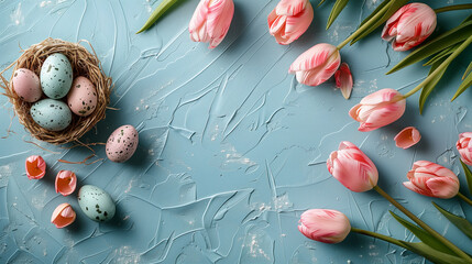 background with tulips and Easter eggs