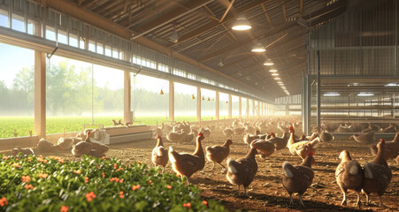 A large flock of chickens are in a barn with a field visible in the background - obrazy, fototapety, plakaty