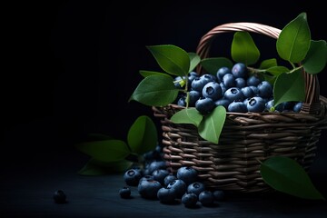 Close-up of ripe blueberries and leaves in a basket on a dark table with a dark clothar