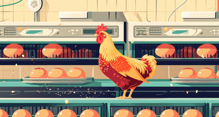 A chicken is standing in front of a row of breads - obrazy, fototapety, plakaty