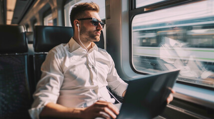 Man use laptop while travel in train. 