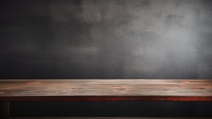 An empty brown wooden countertop against a dark gray concrete grunge wall. Horizontal Banner,...