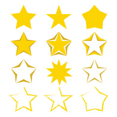 Obraz premium Set of golden star icons. Yellow star icon set. Design element. Golden stars set. Winner award sign. Isolated star symbol. Vector illustration.