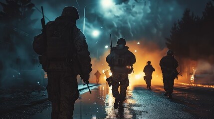 Marine corps army men moving on a public road, night time. Generative AI. - obrazy, fototapety, plakaty
