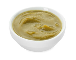 Bowl of healthy baby food isolated on white