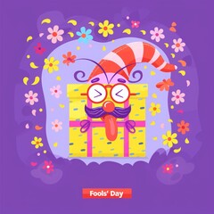 Vector flat cartoon design of April Fool's Day with funny face sticking out from surprise box, mustache and glasses on purple background