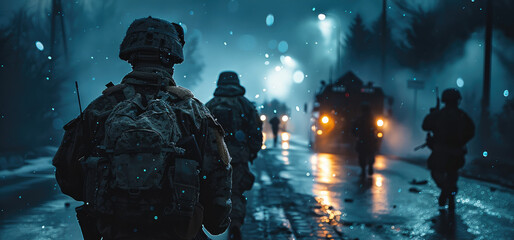 Marine corps army men moving on a public road, night time. Generative AI. - obrazy, fototapety, plakaty