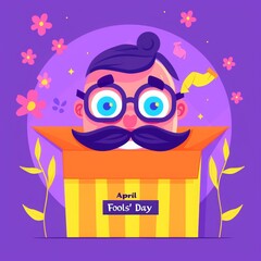 Vector flat cartoon design of April Fool's Day with funny face sticking out from surprise box, mustache and glasses on purple background