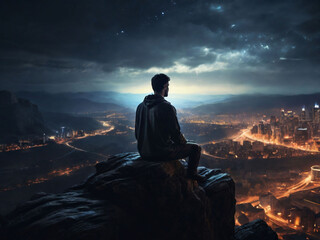Man sitting on a cliff at night, looking at the glowing lights of a big city in the valley. Person meditating on the mountain in solitude and observing busy life of a modern metropolis. - obrazy, fototapety, plakaty
